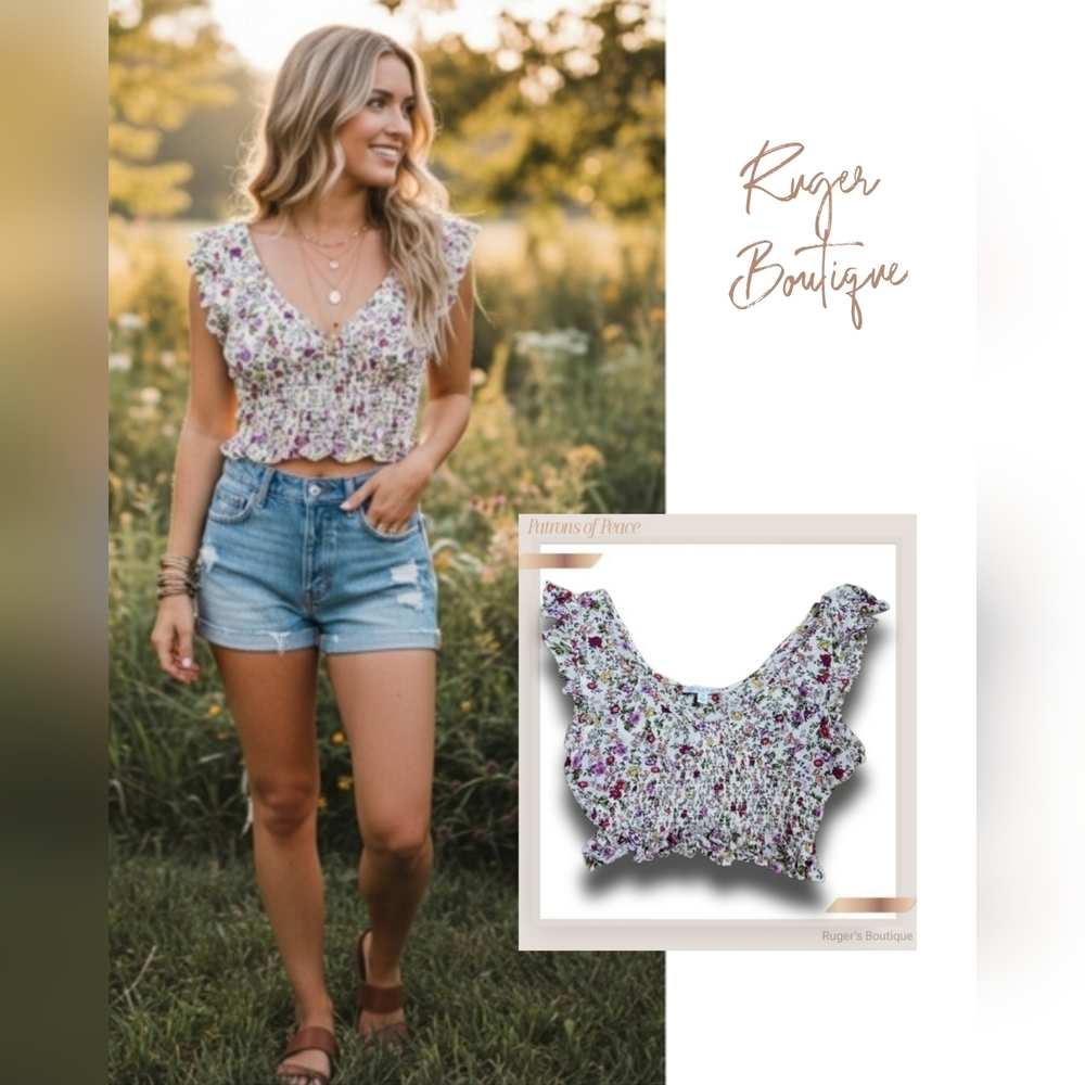 🌿Patrons of Peace Womens XS Floral Ruffle Crop Top